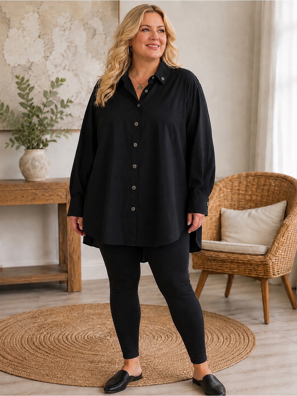 Soft Surroundings 3X NWOT Black Satiny Oversized Button Down Tunic Academia